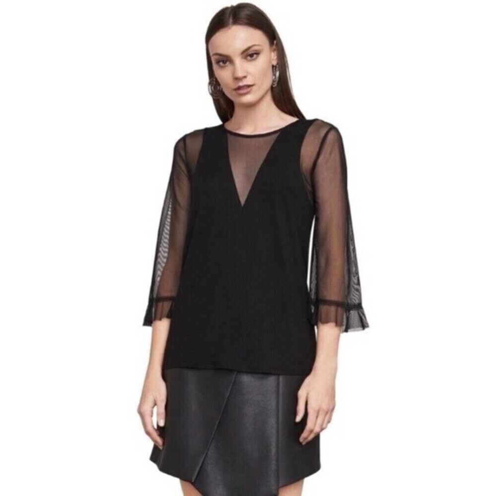 BCBGMAXAZRIA Ashleigh Sheer Sleeve Tencel Lyocell Top In Black Size S $149